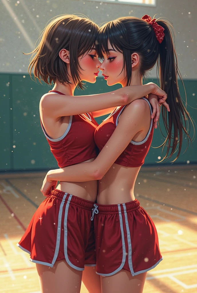 ((realistic: 1.5)),((best quality)), ((masterpiece)),((detailed)), Photo raw, 8k, hdr, 2 Brazilian women, brown eyes, brown hair, slim fit body, small breasts, runner clothes, white skin, beautiful smile, ((hugging her friend)), the friend is bodybuilder