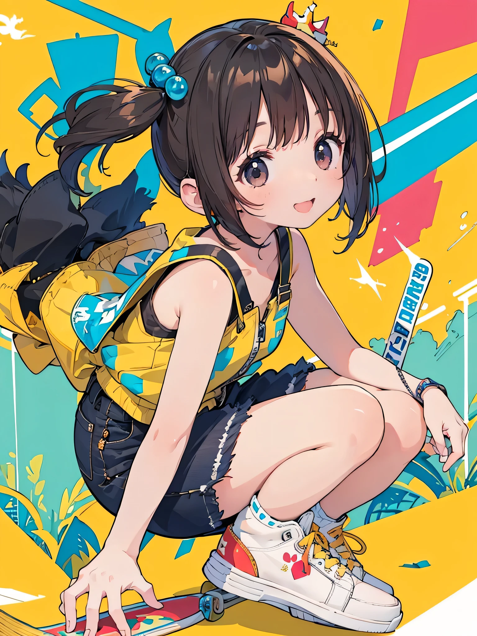 feeding、masterpiece, Highest Quality, Super Detailed, 8k, high resolution, 1 girl, dark haired, happy smile、sleeveless、pastel、skateboarding