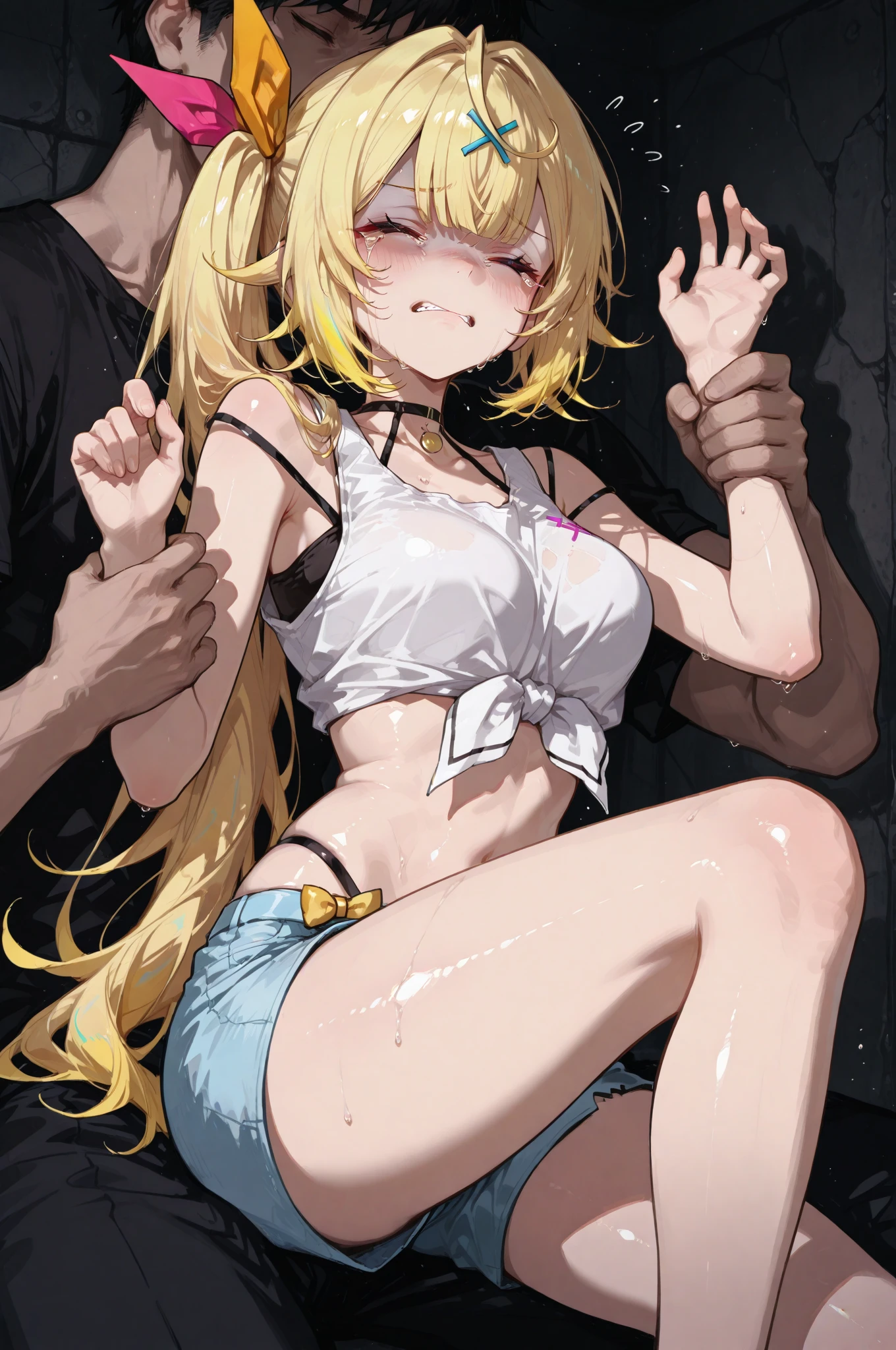 NSFW,masterpiece,highest quality,High resolution,anatomically correct,Fiami,Dark-ish,Yaminor,long hair,solo,hair ornaments,two side up,blonde hair,red eyes,small breasts,Black swimsuit,Navel exposed,thigh strap,My pussy is being touched,shy,sex,Creampie,Being penetrated by a man from behind,sexual treatment,sex slave,(Sweat:1.5),My eyes are dizzy.,fall of pleasure,Love playing with animals