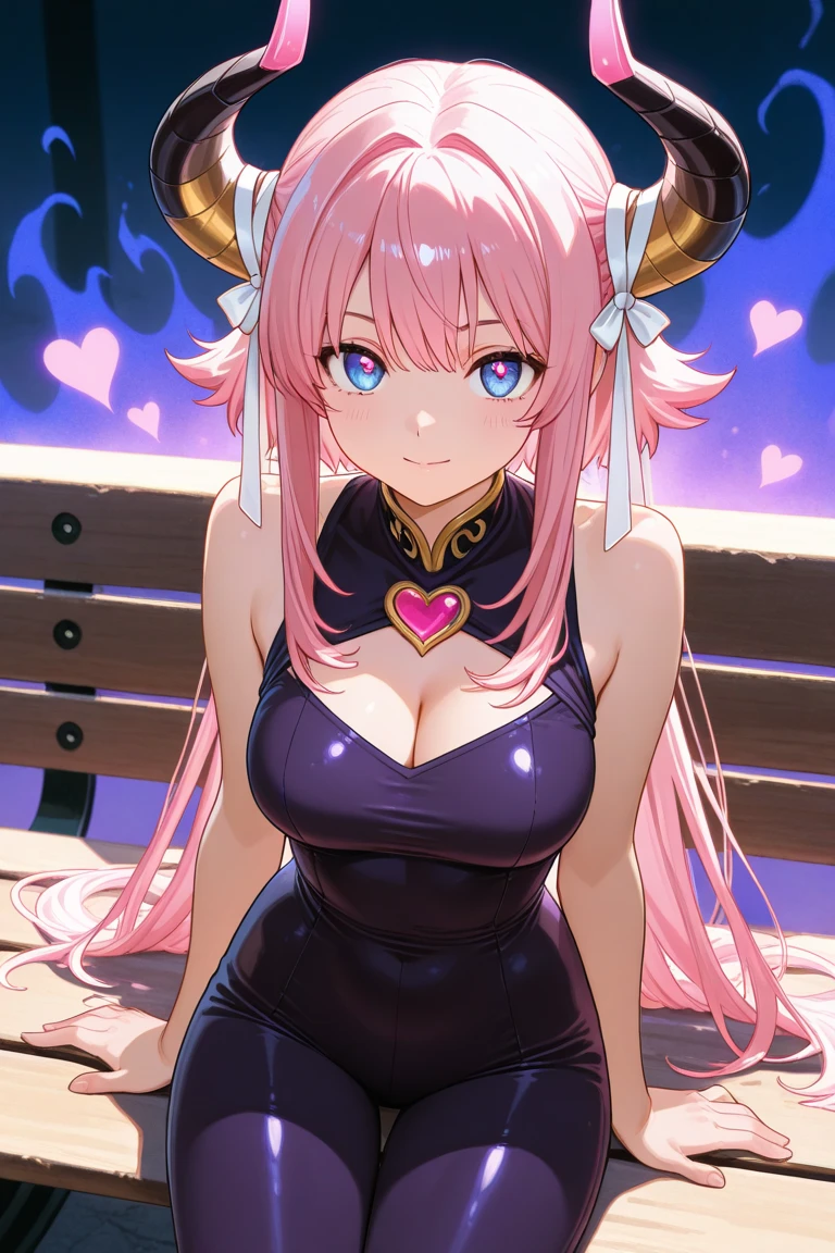 Succubus pose of temptation erotic body cute face attractive face Arm outstretched pose heart mark A big smile pink hair eyes are hearts 4-arm charm magic Angle from below