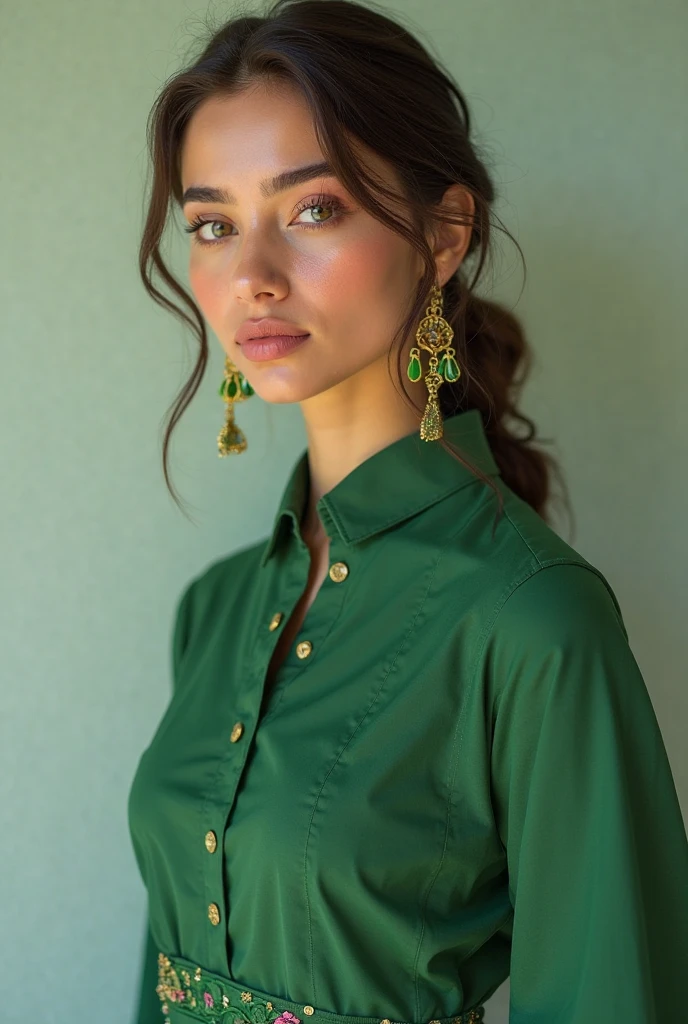 mulher branca, cabelos pretos longos, vestido verde, perfil, ambiente sombrio,