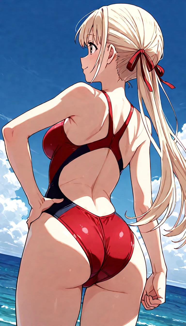 1girl, character Zero two, full body, wearing 2 piece black swim suit, erotic, medium size breast, long hair, beach, absurdres, high res, ultrasharp, 8K, masterpiece, beautiful hands, beautiful feet