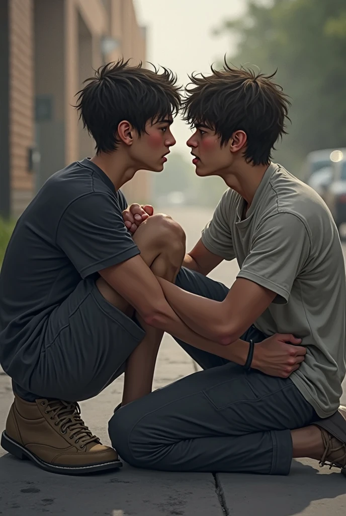 Two handsome men with athletic bodies, they were wearing military pants, shirts and shoes, they were hugging each other, their lips were kissing each other, and their crotches were rubbing against each other