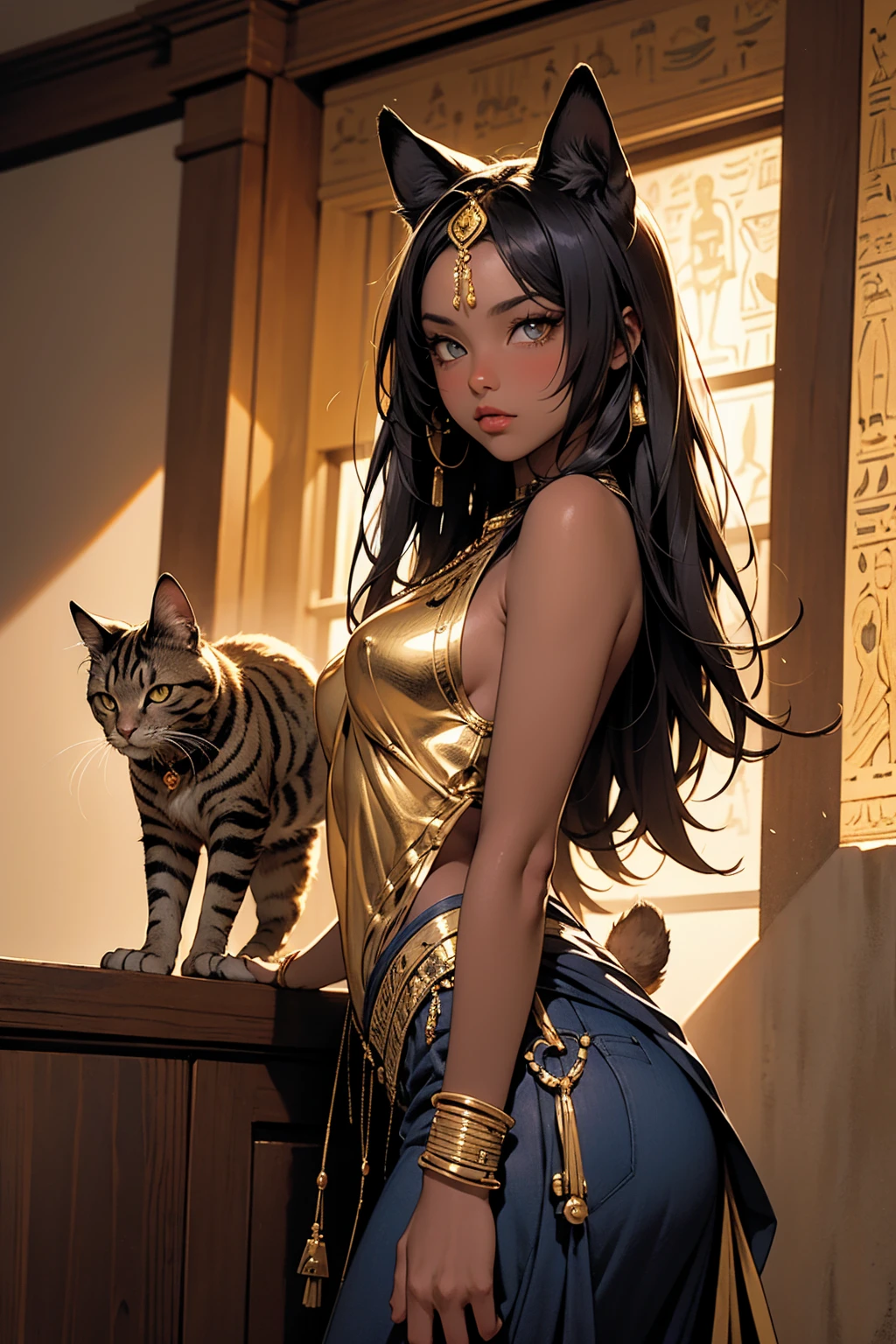 There is lost coliseum there female lionessin seductive pose, she have ebony colour skin beautiful yellow cat eyes dark gold eyeshadows make up, ring style earrings, her hair is purple with pink highlights . she dressed in white neather topic with golden parts on countures also short and white leather straps on her cat legs instead of boots, her hands have hude ruby claws on her fingers, (ultra high quality fantasy art, anime fantasy style, masterpiece, ultra high quality character design, 8k quality anime art, realistic anime art, top quality wallpaper illustration, detailed ultra high quality accurate face, high quality design and accurate physic)