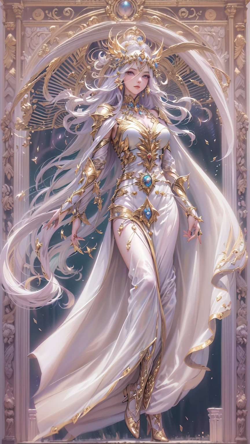 Goddess with a ethereal and ever-changing, reflecting the countless aspects of the universe she embodies. She often appears as a tall, slender woman with flowing hair that shimmers with the light of distant stars. Her eyes are deep and knowing, holding the wisdom of the ages. She wears robes that seem to be woven from the fabric of space itself, shifting in color and texture with her emotions.