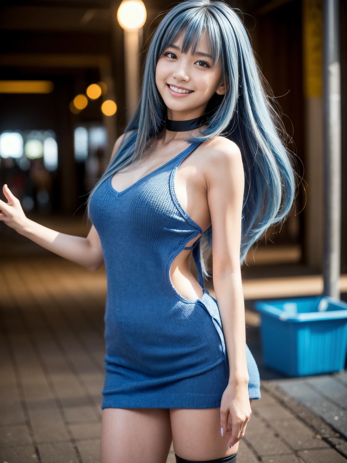 （8K、Raw photography、Highest quality、masterpiece：1.2),(Black Hair、Dark Eyes:1.9),(:1.6)、View your audience,Viewed from the front,White skin,(:1.3)、(Tight waist:1.6)、(Clothes that accentuate the shape of the breasts:1.0)、(Big Breasts :1.3)、Slim figure、Ultra-high resolution,beautiful,beautiful fece,(One person、No background:1.9),whole bodyボディー,Japanese women,（reality的：1.37）、Photon Mapping,reality、(Baby-faced and cute: 1.4)、(Cute Smile: 1.8)、(Round face: 1.8)、Radio City、Physically Based Rendering、Depth of field rally background、photograph, (I can see your knees、Thigh close-up:1.8),（:1.6）,whole body、Great quality
