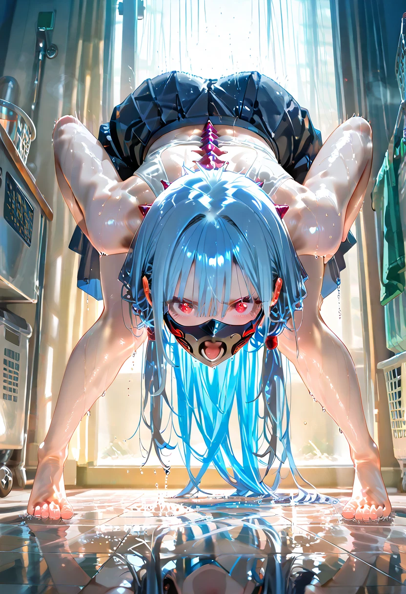 1girl, solo, blush, open mouth, , mature female, blue hair, long hair, bangs, blue eyes, large breasts, bdsm, bondage, rope, restrained, bound wrists, navel, cum, facial, cum on breasts, squatting, widely spread legs, arms up, armpits, naked, nsfw, nature background