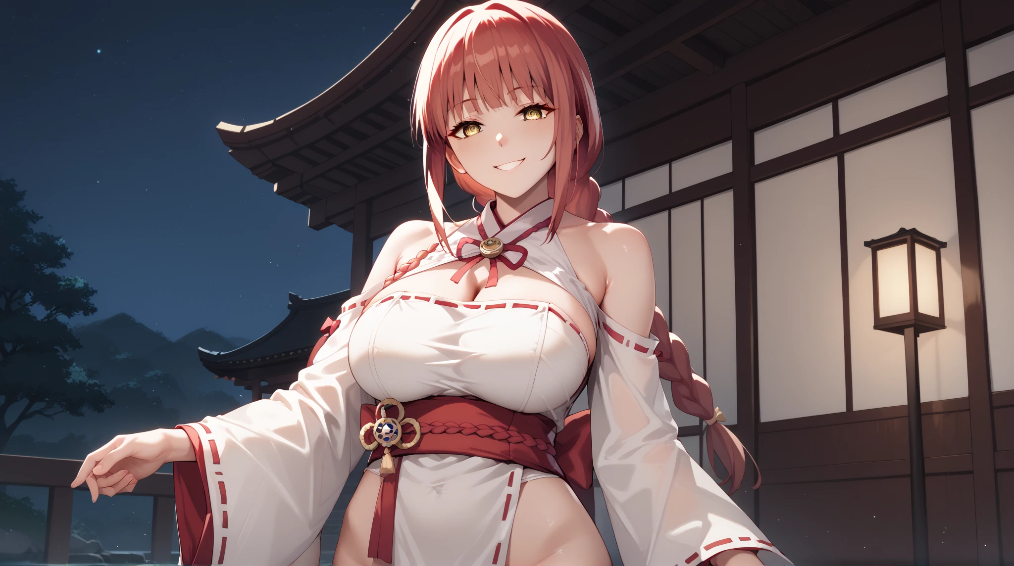 4K,hight resolution,One Woman,Bright red hair,Longhaire,thighs thighs thighs thighs,Huge breasts,close up,A sexy,shrine maiden,nontraditional miko,White kimono,Off-the-shoulder clothing,Detached sleeves,with a pure white background,without background