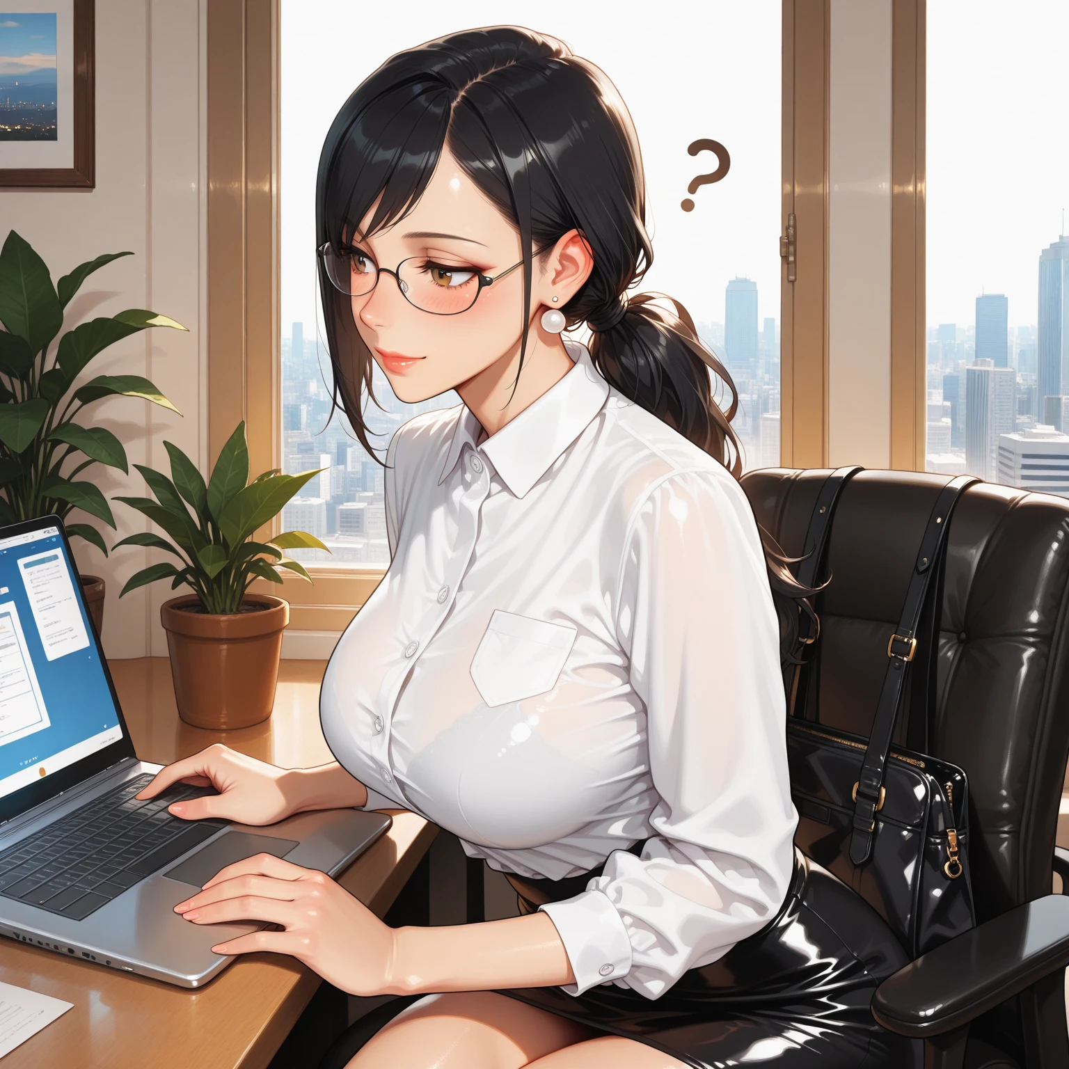 (masterpiece:1.2, Highest quality), (Realistic, photoRealistic:1.4), 1girl,short hair,Glasses,Shiny purple satin blouse,Black tight skirt,stockings,(Strap ID Card),50 years old,赤いルージュのPlumpとした唇,Round face,Plump,(eye contact),Office in a high rise building,(I sat at my computer desk and turned around.),sunset,A capable female secretary giving advice