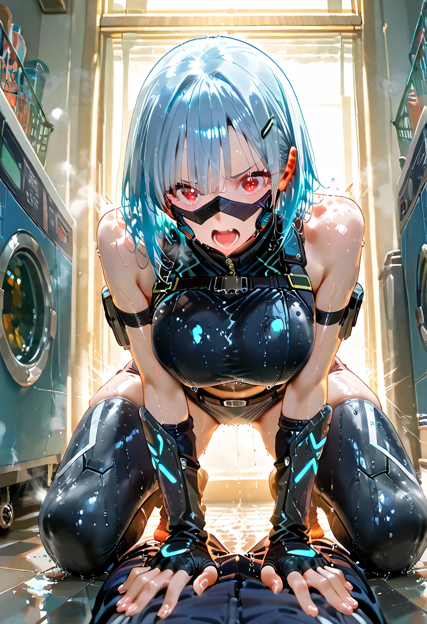 masterpiece, best quality, absurdres, ultra detail background, (vivid color:1.3), high poly 3d, beutiful 1girls, nude, (:2), standing, (top-down bottom-up:1.3), (face on ground:1.3), (arms back), (restrained, restrained arms, sex machine, stationary restraintetal, bondage:1.5), (large metal dildo:2), (((((indigo hair, braided bangs, very long hair, twin drills))))), (((((leotard armor, collar))))), baby face, large breasts, pussy, nipples, (sex machine, spread legs, spread arms, dildo, vaginal object insertion:2),metal stick in vagina, cum, panting, squirting orgasm, wet, pussy juice, vulgarity, blush, aroused, sweaty skin, sweat, closed mouth, ahegao, peeing hard, stationary_restraints, masterpiece, high quality, best quality, beautiful, hd, perfect lighting, detailed face, detailed body, masterpiece, best quality, intricate details, 8k uhd, perfect face, perfect eyes