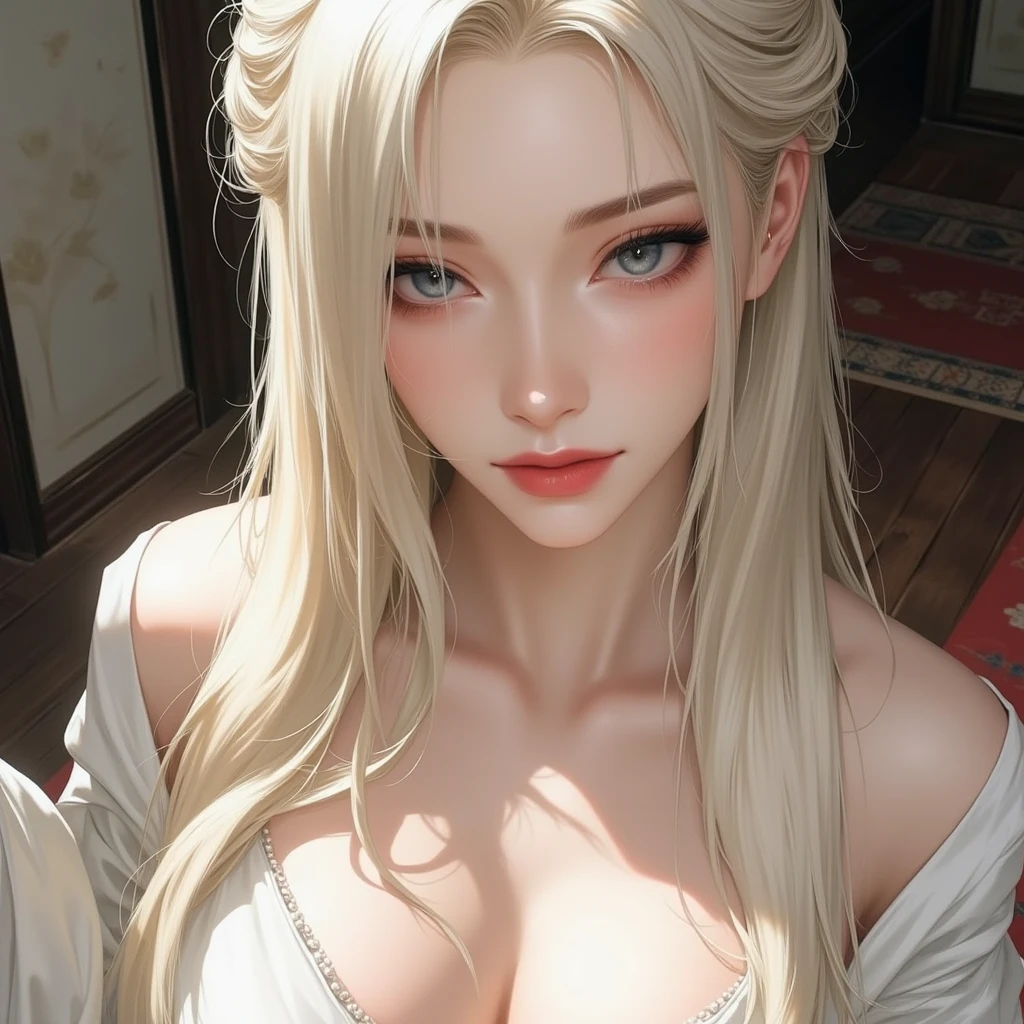 ((Medium full shot)).((high angle shot))a beautiful young woman, perfect skin, seductive expression, long flowing hair, elegant dress, dramatic lighting, cinematic composition, photorealistic, 8k, high quality, (best quality,4k,8k,highres,masterpiece:1.2),ultra-detailed,(realistic,photorealistic,photo-realistic:1.37),dramatic lighting,dramatic shadows,chiaroscuro,cinematic,elegant,beautiful detailed eyes,beautiful detailed lips,extremely detailed eyes and face,longeyelashes,porcelain skin,sensual,alluring,captivating,enthralling,mesmerizing,enticing.masterpiece.