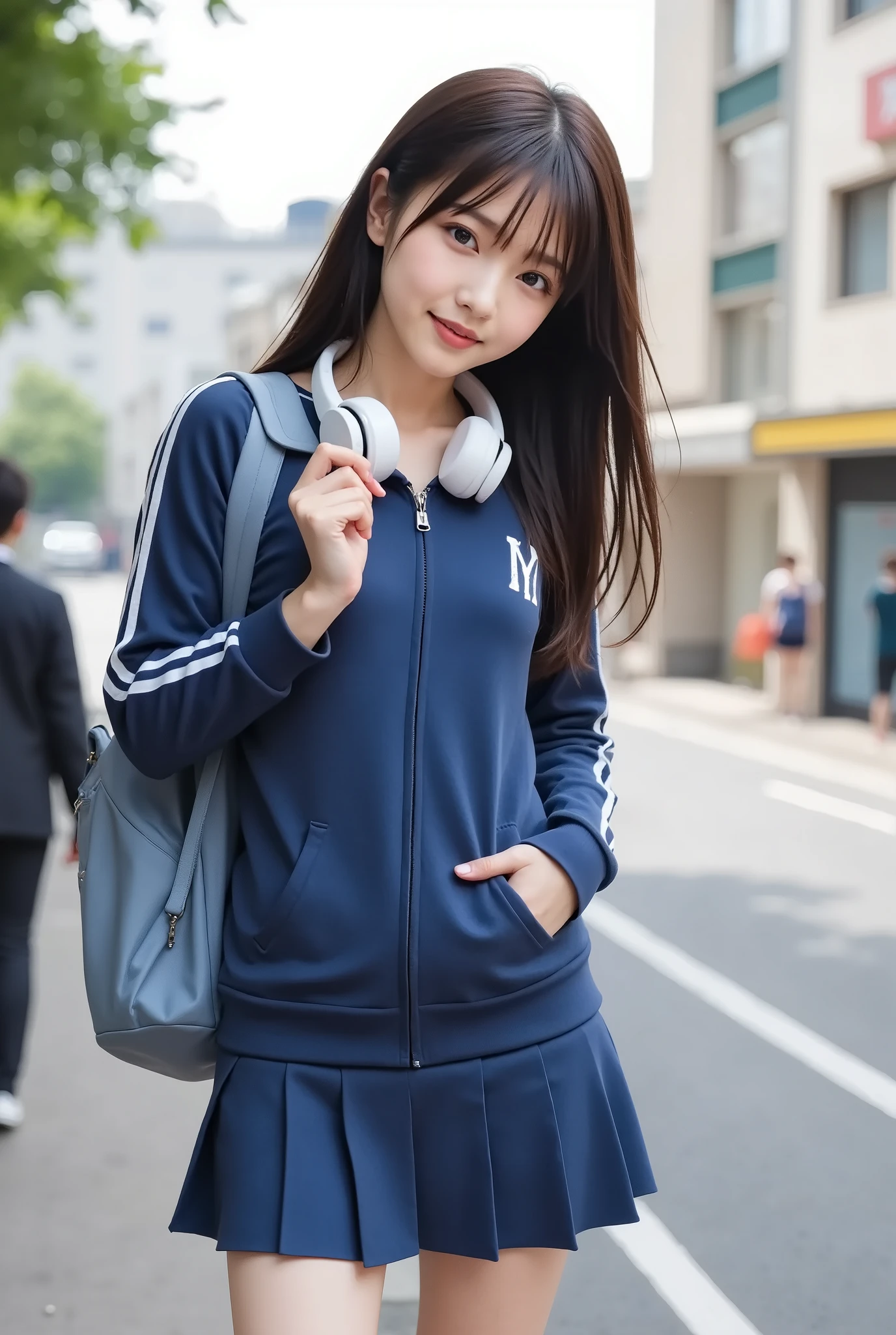 realistic, Takeshita Street in Harajuku,((frame up to your waist)), (Jersey:long sleeve、Full zip、Close the front、Blue、short、white line on arm), mini skirt:pleats、navy blue、High Waist, (hang large white headphones from your neck), (( schoolback :bear、navy blue、Comes with lots of small stuffed animals 2.0)), Cheeky smile,dark makeup,Moving Poses