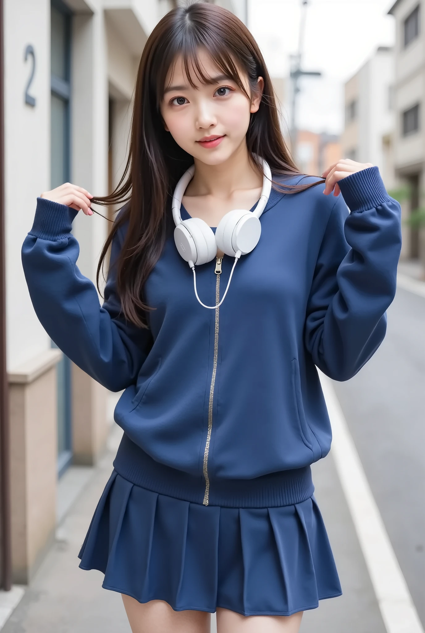 realistic, Takeshita Street in Harajuku,((frame up to your waist)), (Jersey:long sleeve、Full zip、Close the front、Blue、short、white line on arm), mini skirt:pleats、navy blue、High Waist, (hang large white headphones from your neck), ((小さいぬいぐるみが沢山付いたnavy blueのスクールバックを背負う 2.0)), Cheeky smile,dark makeup,Moving Poses