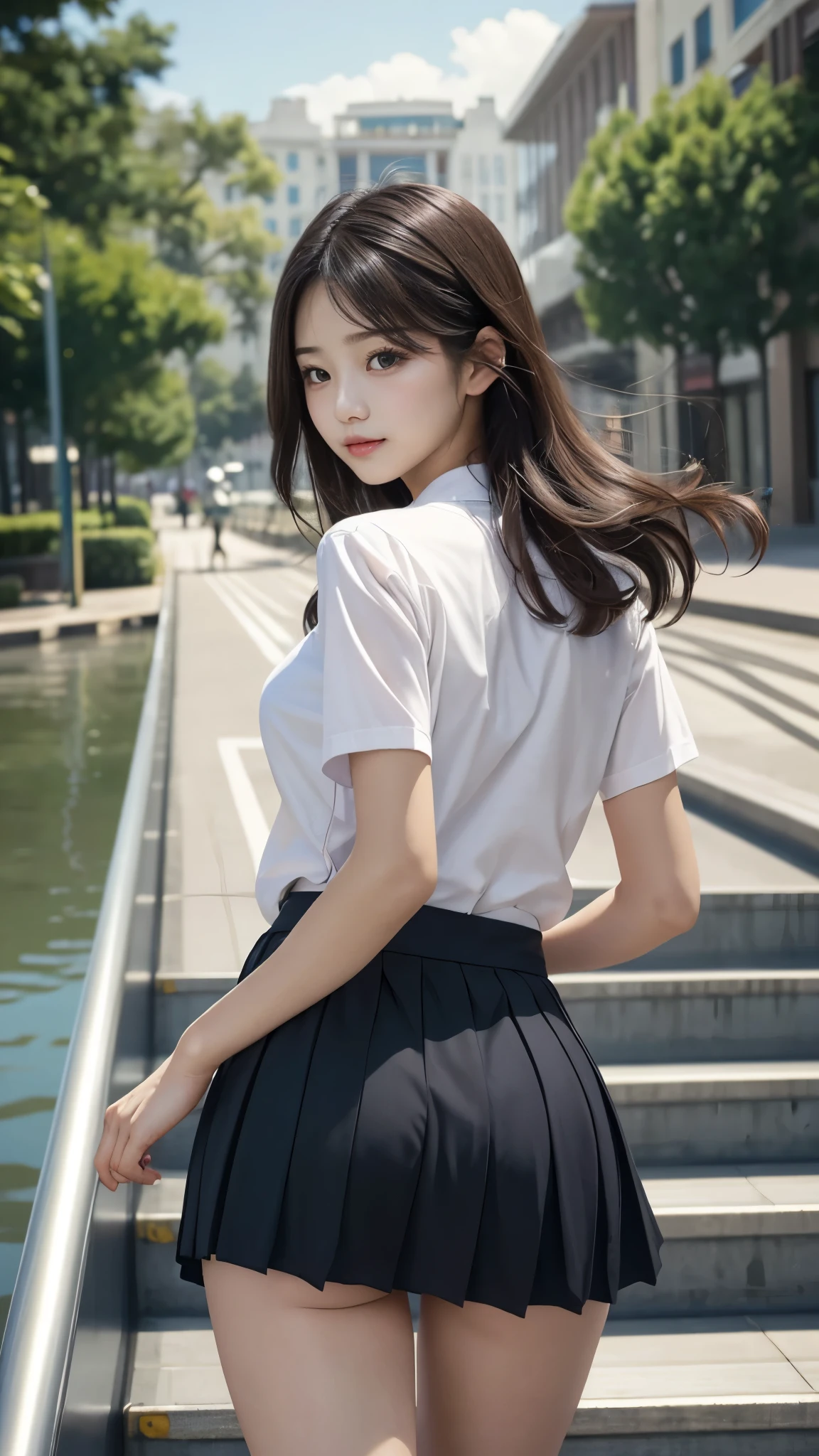 NSFW, 8K Raw Photography, Best Quality, Masterpiece, Ultra High Definition, Film Grain, filmg, 1girl, Natural Skin Texture, Clean Straight Hair Fluttering, Hair Detail,Super Beauty, Model, Waist Constriction, Beautiful Legs, Tall Women, Skinny, slim_legs, Solo, Cleavage,Clean Buttocks, Short Pleated Skirt, White Shirt,Station, Nobody Escalator, Woman standing in front of her, peeling in front (back view), perfect proportions, pretty buttocks, plaid skirt, white shirt, ((up escalator)),voyeur from below, blurry background, blurry, plaid, short sleeves, jk ribbon around the neck, jk ribbon, brown hair, bracelet, uniform, jewelry, behind her, photo from below, skirt fluttering in the wind, glancing at white panties, pleated skirt, depth of field, cowboy shot, woman face not visible, back of head visible