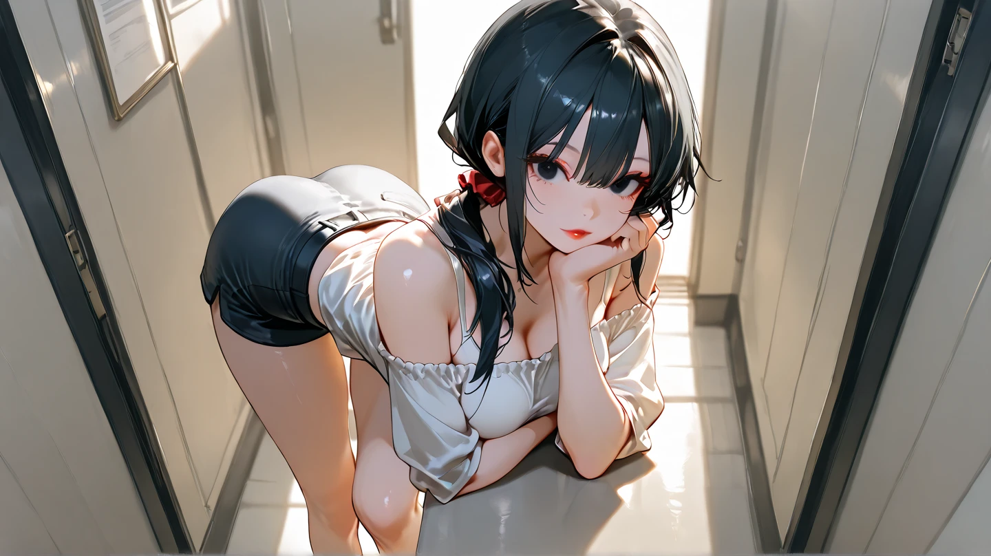 (masterpiece), (best quality), (beautiful eyes and face), (perfect female body), (shiny skin),
looking at viewer, cowboy shot,
1girl, solo, yor briar, black hair, long hair, red eyes,
medium breasts,
white hairband, gold earrings, jewelry, (black tanktop), (cleavege)
lips seperated , mouth open
living room, facing viewer, large waist, thick thighs, thigh gap, dolfine shorts, short shorts, booty shorts, (36year old woman), bra under tanktop,long tanktop, tanktop tucked into shorts, facing viewer, top down, tanktop strap falling off shoulder, one bare shoulder, leaning over, bend over, leaning over viewer, leaning over kitchen table, over kitchen table, in te kitchen, looking down on sitting viewer