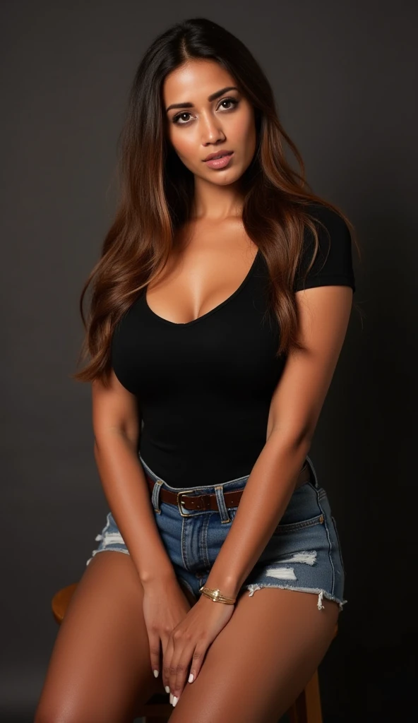 Ultra-realistic full body image of a beautiful 30-year-old realistic woman with bright eyes, dark tanned skin, long orange hair, and a deep-low-cut blouse.