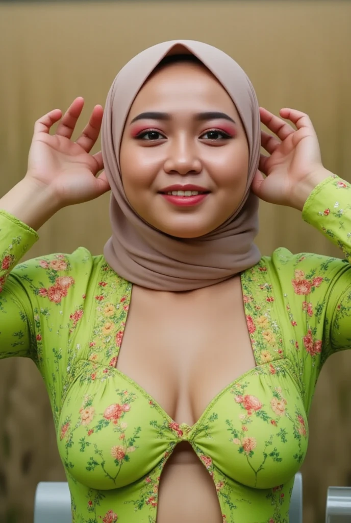A woman with green hijab, Realistic, Photorealistic, 8K, Masterpiece, Best Quality, High Definition, Live Action, RAW Photo, Single Woman, Beautiful Body, Big, Cleavage, Sexy, green Competitive Swimsuit, Married Woman,