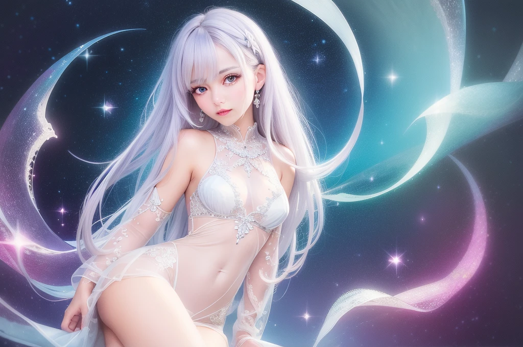 An ultra-high picture quality、(((full body Esbian)))、frontage、bilaterally symmetrical、((The background is a very dark Milky Way))、(((Planktonic)))、colourfull、muitoリアルHuman texture、 ((( very cute beautiful skinny prague white girl)))、((Very white skin of a 14-year-old irl with blood vessels showing through))、(((very long and high nose of a white woman,,,,,,,,,,,,,,,,,,,,,,,,,,,,,,,,,,,,,,,,,,,,,,,,,,,,,,,,,,,,,,,,,,,,,,,)))、(((Under the short nose)))、(((no-makeup)))、( Height 164 cm、head length 20 cm、leg length 82 centimeters,)、Normal shoulder width、Long arms、Long Torso、long neck、Long below the knee、Thin little face、Natural double eyelids、 (1girl in:1.3), Light persona, Dark Persona, mind control, fractral, ceiling, Artistic background, Geometric, organics, blessings, favor, noble, unfolded, elucidation, Anti-gravity, Antimatter, holy, Sacred, spiritual, Dignified, Luminescent, Holographic, About Magic Circle, photons, scales, Beak,(artistic)、(((The most fantastic bright light blue eyebrows))),,(((Ultra high resolution pale light blue silver hair and silky thin shiny eyebrows,,)))、(((Super luxurious see-through Western style long dress with plenty of luxury accessories)))、(((Beautiful white skin with hair and pores,)))、(((Extremely delicate and brightly colored targets)))、(((Beautiful glowing caucasian woman with bright light blue iris iris eye with ultra high definition pattern)))、(((I love you))),(((Small drooping eyes with a gentle feeling)))、(((very thin eyelashes,,,,,,,,,,)))、(((Realistic naked eye)))、High Definition Lip、(((Cute girlish hairstyle spreads softly......................)))、(((A Princess)))、(((large chest directed upwards in a very three-dimensional pointed shape,,,,,,,,,,,,,,,,,,,,,,,,,,,,,,,,,,,,,,,,,,,,,,,,,,,,,,,,,,,,,,,,,,,,,,,,,,,,,,,,,,)))、(((Dreams)))、(((Your imagination)))、(((Fluffy High Half Twin Tail Hair)))、Luxurious Princess Tiara、Luxury Princess Necklace、(((Looking at the camera)))、(((A gaze to look here)))、((With movement))、One face、((princess dress))、(((valkyrie)))、bikini-armor、s Armor,((a navel))