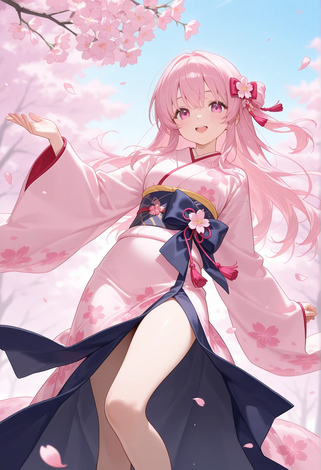 Peach blossom pink straight hair，Wearing light pink Hanfu，Holding cherry blossom branches in hand，the are In the background, Beautiful cherry blossom trees are scattered with cherry blossoms，She is a gentle person, Cute big breasts, Slim, Petite and sweet girl,The movements vary、The action is vivid