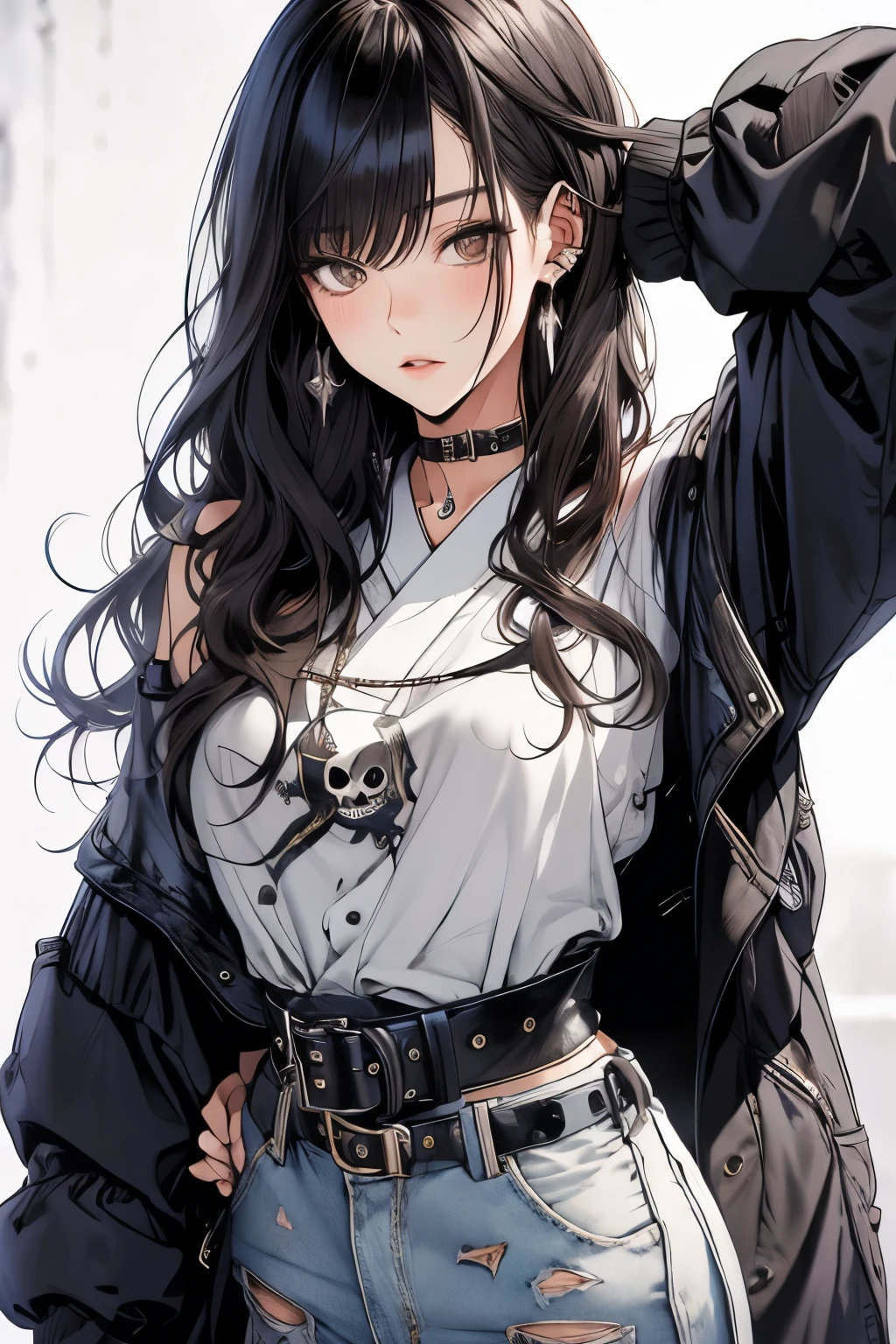 masterpiece, highest quality, pixiv, cool girl, the strongest pirate girl, (((Japanese)))、Horikita Maki、skull fashion, dark brown hair, curly hair, dull bangs, straight bangs, gray eyes, white skin, gal, Improve