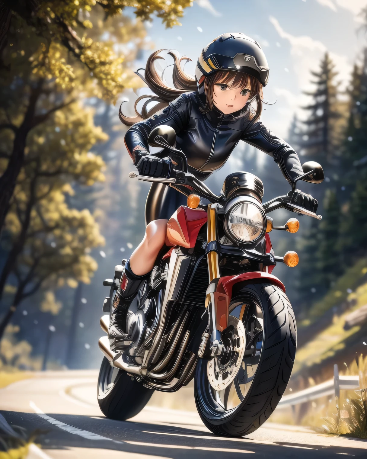 ((( Masterpiece:1.3, Best Quality, hight resolution, nffsw, Perfect Pixel,  4K, nffsw, nffsw))), 1girl in, Off-road motorcycle driving on spring country roads、18-year-old girl、jet helmet、((December scenery, white Christmas, softly falling snow, she drives carefully along the national highway)), She has both hands on the handlebars, she's low to the ground, she's cornering great.