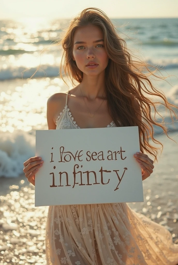 Beautiful girl with wavy long hair, bohemian dress, holding a white board with text "I Love Seaart Infinity" and showing it to the 
viewer