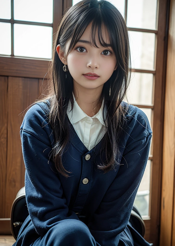 (masterpiece、high resolution、high quality)、(Japanese 、Elegant and pure、Mature Face、Beautiful girl)、(Perfect and complete ???????、Full and beautiful limbs、Perfect Physiology)、(((Japanese high school girls uniform)))、Bob、dark grey HAIR、Clear Eyes、kind、not clear、Healthy and good friends、Huge 、Beautiful legs、classroom、Sunset glow、Sunset from the window、Striking an attractive pose、Teasing cuteness、「come here」The girl says、