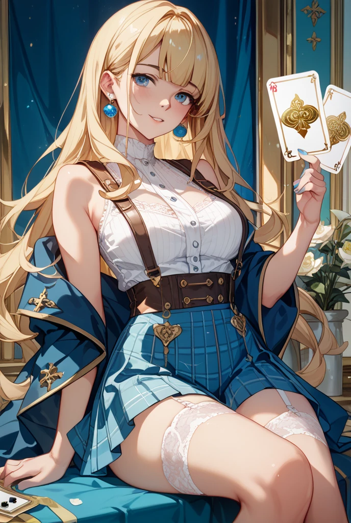A blond European girl playing poker with blue and gold chips --auto --s2