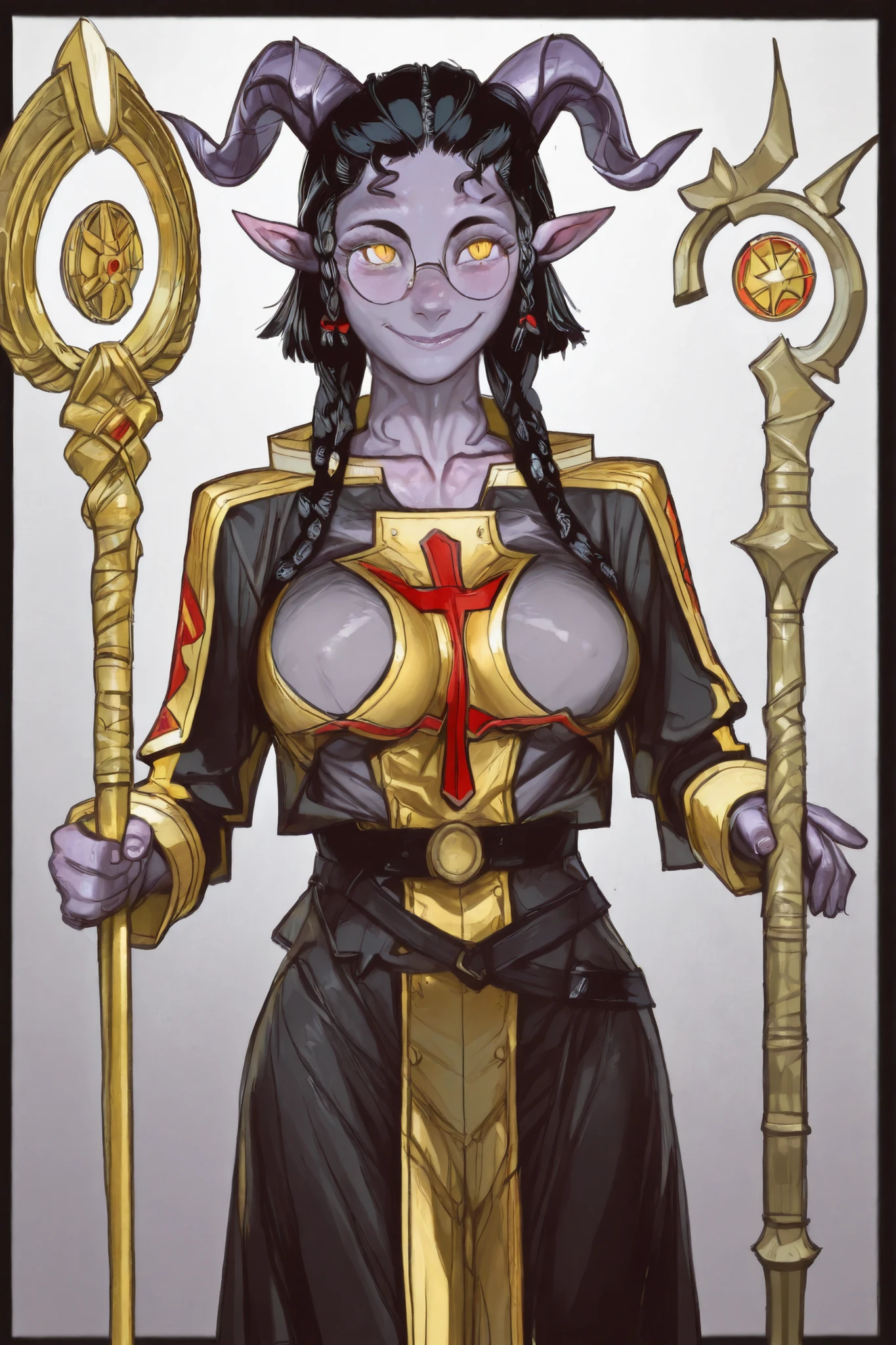 score_9, score_8_up, score_7_up, score_6_up, score_5_up, score_4_up,
BREAK
(masterpiece: 1.0), best quality, perfect anatomy, perfect composition, perfection,
BREAK
cinematic lighting,
BREAK
1girl, DND character art. Smile, Tiefling, glittery purple skin, golden eyes, holding quarterstaff, golden cleric outfit, round glasses, double braids, front facing braids, simple background,black hair. Torso shot, collarbone