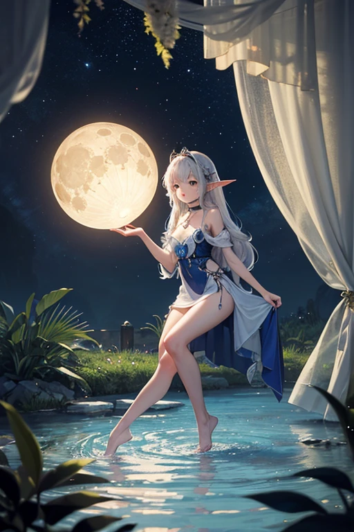 ultra detailed illustration of adult woman wearing purple thin robe, 4k, white stockings, elven archer, magic bow, magic arrow, white flowingwhite hair, moonbeams, backlit, light particles, whimsical, masterpiece, image with a magical and enchanting night atmosphere (best quality:1.4), night, crescent moon, forest, sharp focus, gil elvgren style, subtle outlines