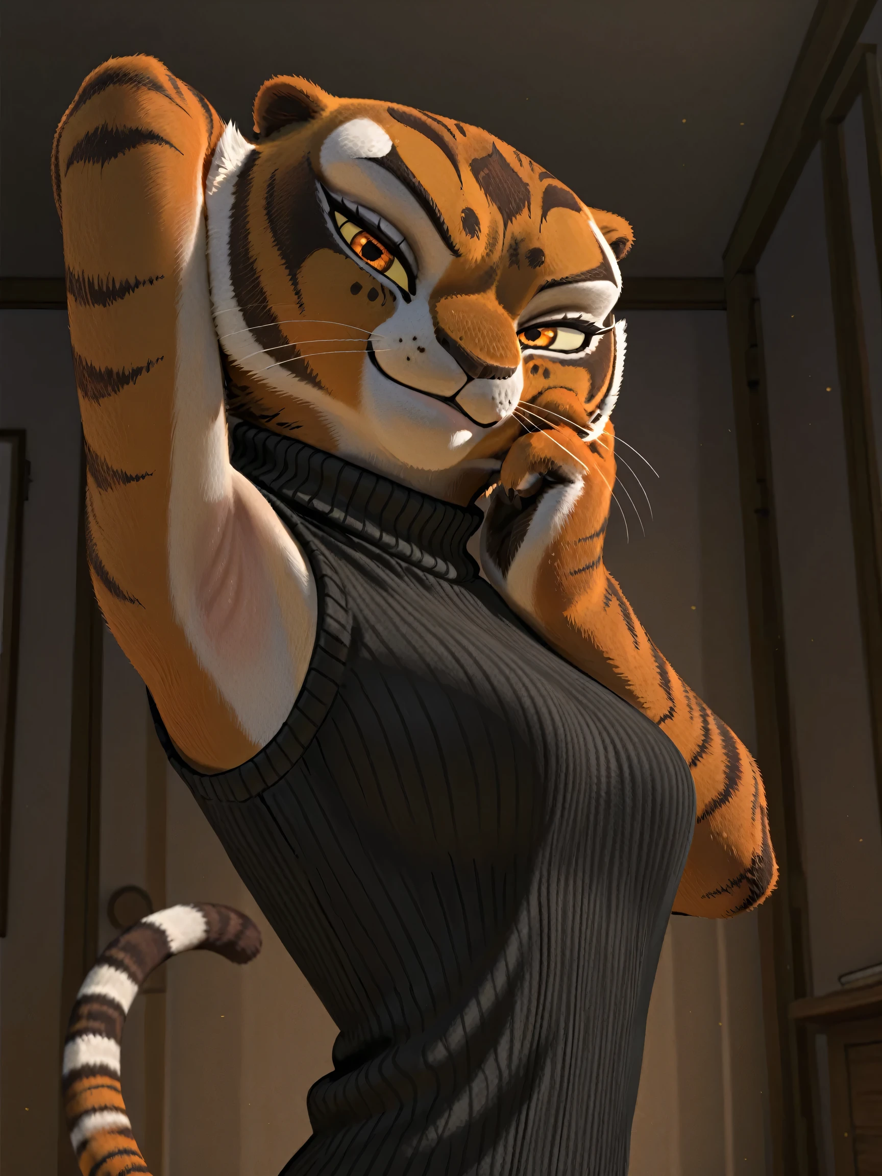 anime coloring, masterpiece, best quality, amazing quality, 1girl, solo, yellow sclera, orange eyes, m4stertigr3ss, tail, black sweater, sleeveless sweater, ribbed sweater, turtleneck, arm behind head, armpit, armpit focus, head towards viewer, looking at viewer, direct eye contact, smile, closed mouth, indoors, from side, from below