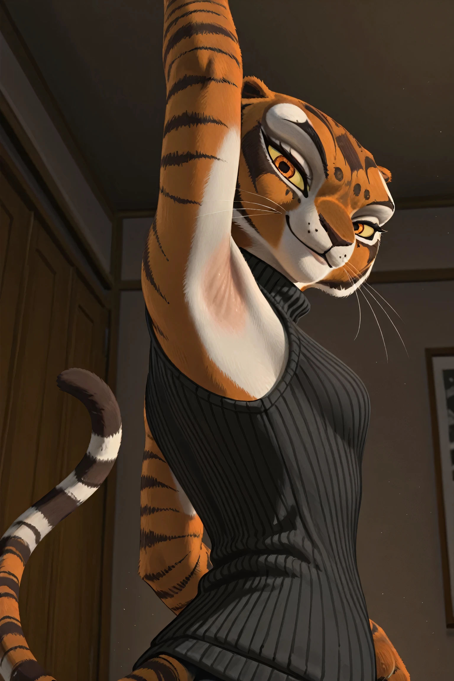 anime coloring, masterpiece, best quality, amazing quality, 1girl, solo, yellow sclera, orange eyes, m4stertigr3ss, tail, black sweater, sleeveless sweater, ribbed sweater, turtleneck, arm up, raised arm, armpit, armpit focus, head towards viewer, looking at viewer, direct eye contact, smile, closed mouth, indoors, from side, from below, from behind