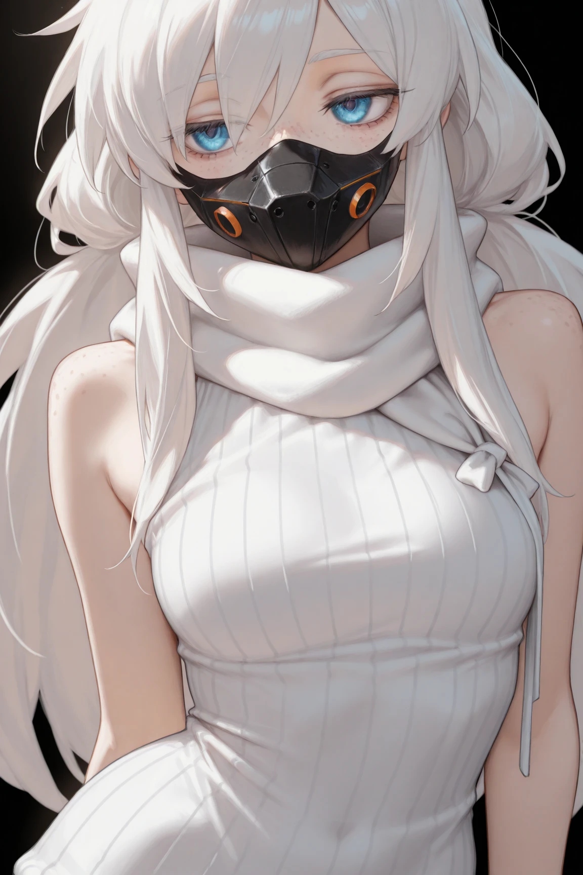 (8k, RAW photo, photorealistic:1.25) ,( lipgloss, eyelashes, gloss-face, glossy skin, best quality, ultra highres, depth of field, chromatic aberration, caustics, Broad lighting, natural shading,Kpop idol) Kevlar, Mask, Gas Mask, fullbody, from above view, dynamic pose, nijistyle, sexy, big boobs, anime style, ogisosetsuna_costume, ogisosetsuna_white, gold ornaments
