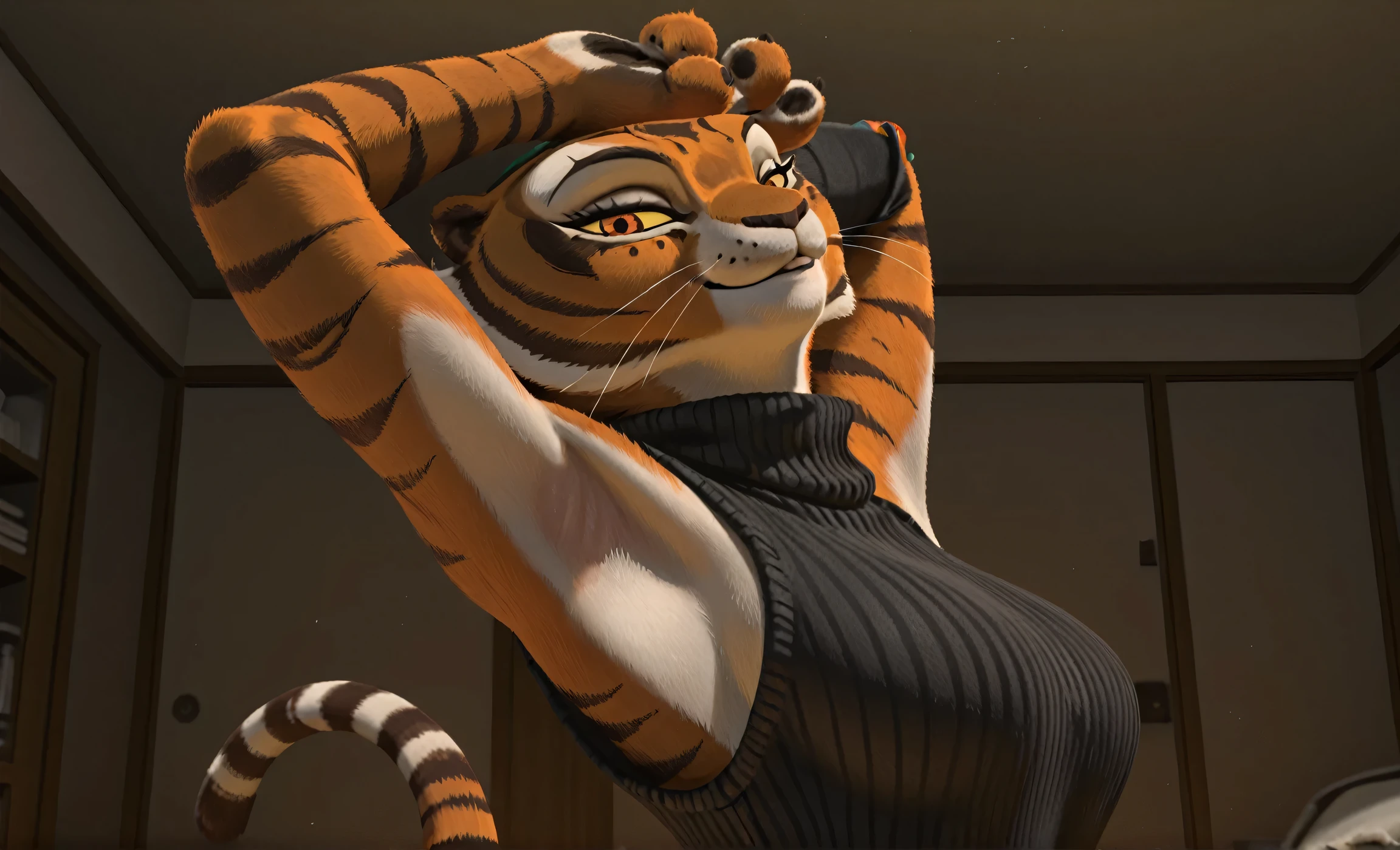 A detailed, muscular Tigress from Kung Fu Panda in a DreamWorks animated style, a girl with a 3:1 hip to leg ratio wearing a leotard, lying in bed in a bright bedroom, extremely detailed facial features, cinematic lighting, photorealistic, 8K, hyper detailed, masterpiece
