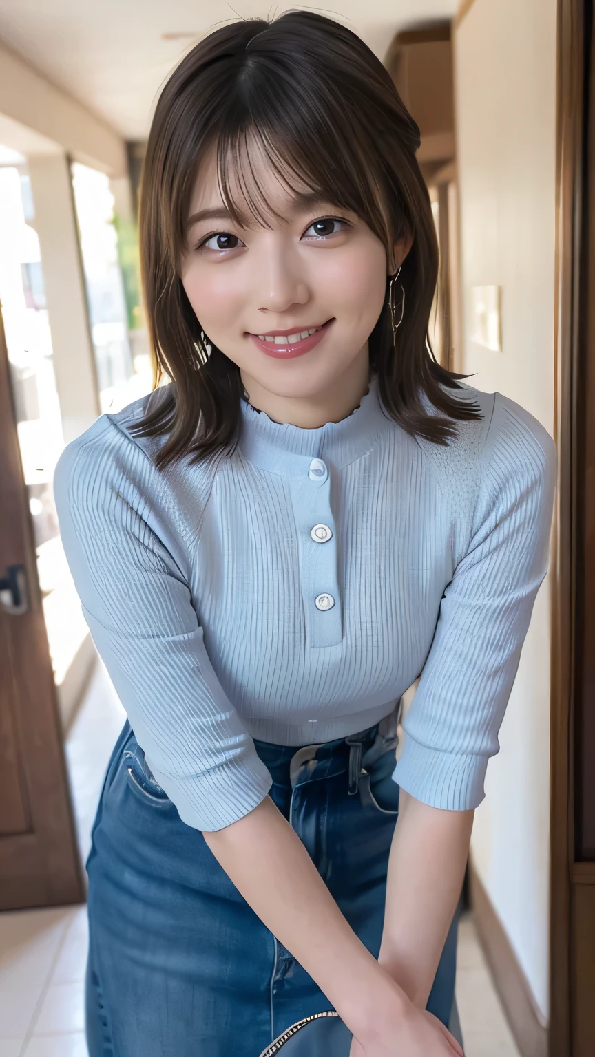 High Res Photos Of Young Japanese Female Idols, complicated details, Highly detailed, sharp concentration, solo, 1 girl repairing her left hand, Face Focus, face close-up, standing in the hallway, detailed faces with ofisu, Detailed eyes, Alluring eyes, natural makeup ,Smiling