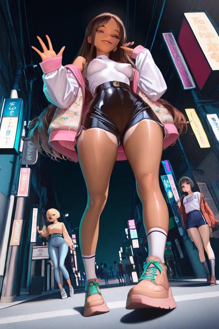 Ariana Grande idol girl Super cute Asian girl with beautiful bright violet eyes, beautiful multicolored shiny brown hair, high ponytail, beautiful and sexy body, body skinny, perfectbody, a super tight long sleeve crop top with anime print, a super aesthetic transparent mini jacket, beautiful hair ornament, Pink Jordan Sneakers, being photographed in a mall store,( undress,),8K more detailed.engine unreal:1.4,ultra HD,La best qualityer:1.4, photorrealistic:1.4, texture skin:1.4, Masterpiece artwork:1.8,Masterpiece artwork, best qualityer,object object], (detailed facial features:1.3),(detailed hands),((The correct proportions)),((Tokyo city background cyberpunkAI colors:1.4)),(gorgeous blue eyes), ( undress, Showing off neon pink panties, showing thong: 1.5),convex，(camel toe:1.2)，