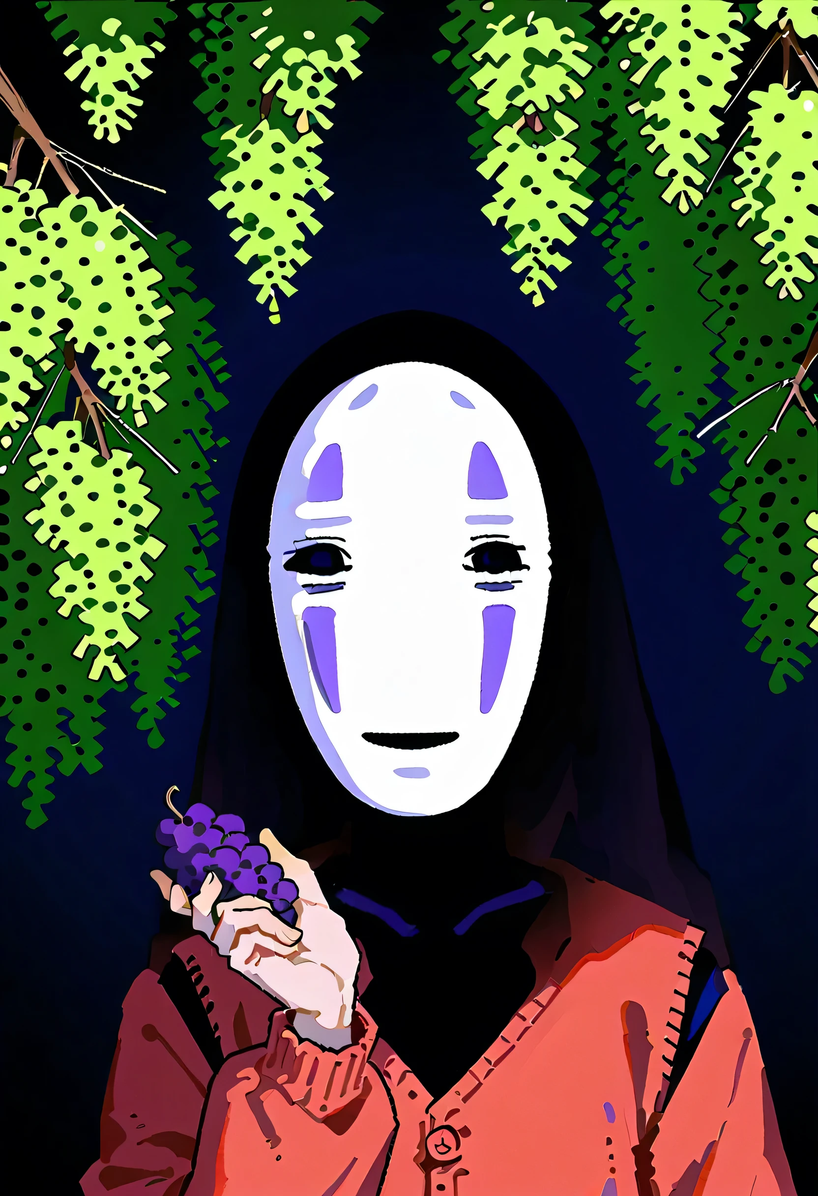 (xnofacex mask girl),solo,upperbody,portrait,((blonde twintail hair style)),red cardigan,Working in the orchard, harvesting grapes,Harvesting grapes with both hands+