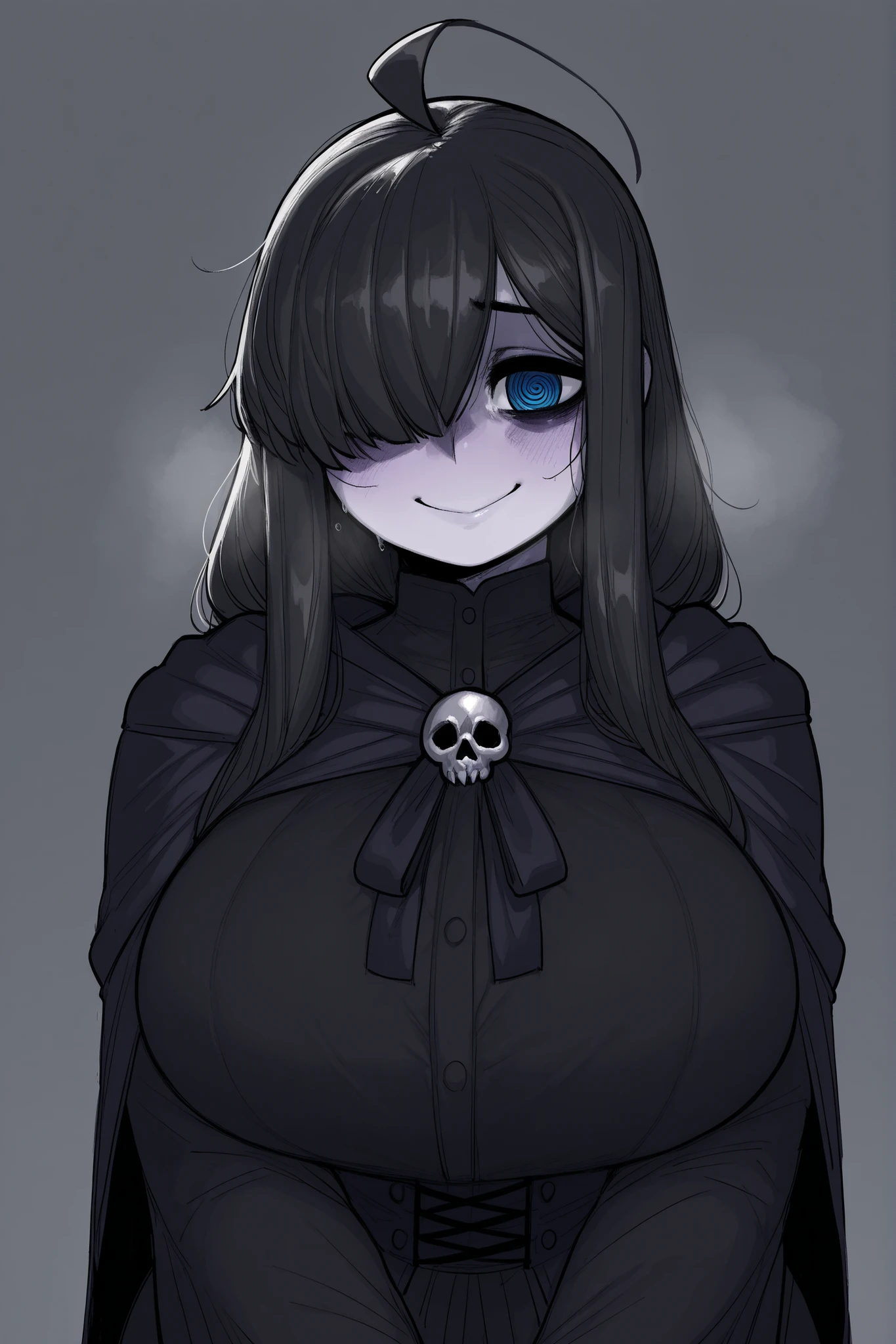 A gothic girl with long hair and shadow under her eyes, mouth with black lipstick