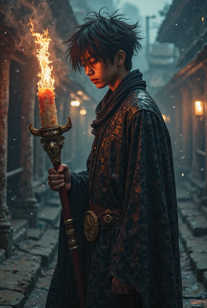 masterpiece, high quality, ultra high res, 1man, mid-age man, ((smoking pipe)),  <lora:dingzhenlora_v1:1>, wizard with black robe, detail face, fire, energy, outdoors, city,