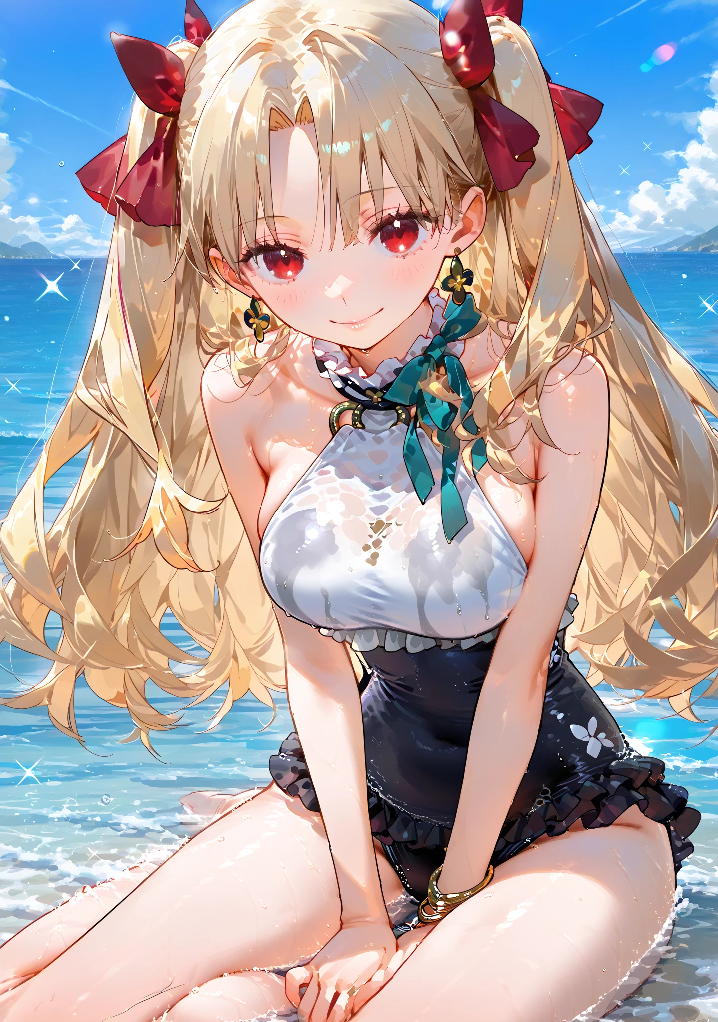 Wavy blonde hair、red eyes、One pretty girl、独奏、animesque、The bikini、sitting on、A sexy、flower field、gravure