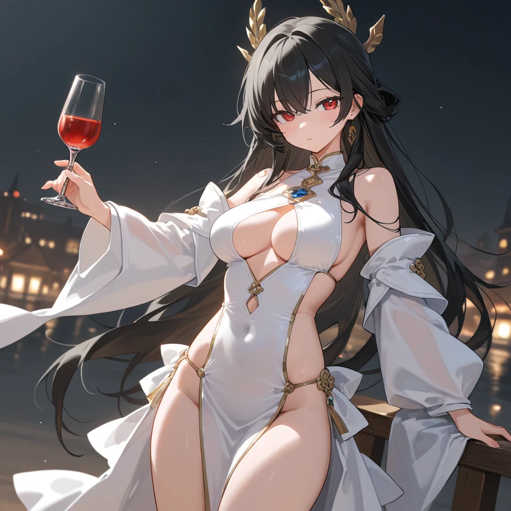 long hair, black hair, medium breast, slim legs, happy, brown gown, cleavage, arabian belly dancer , skirt, rin tohsaka, twin tail, navel, garden, night, blue eyes, tiara, sitting, thigh high socks