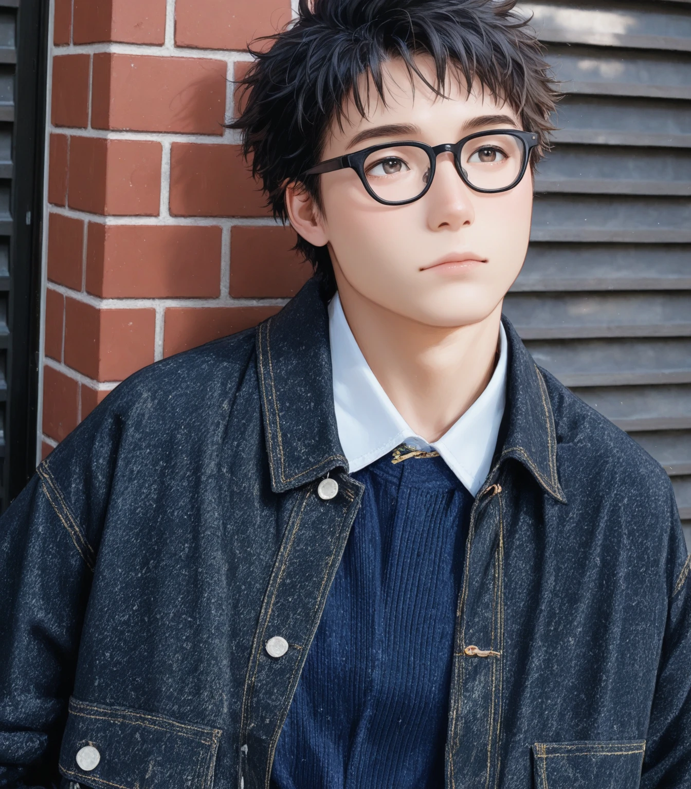 (best quality,4k,highres,masterpiece:1.2),medium:oil painting,ultra-detailed,realistic:1.37,portrait,dark colors,subtle lighting,young man,reticent expression,nearsighted glasses,thin lips,casual attire,solitary outdoors setting,soft natural light,urban background,street scene,depth of field effect,subtle smile,slightly messy hair,shadows and highlights on face and clothing,atmospheric perspective,gritty texture,quiet atmosphere in hospital
