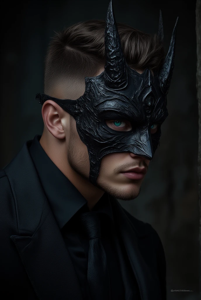 a muscular, masked ,, shirtless, gothic, attractive man, detailed facial features, sharp jawline, piercing eyes, chiseled abs, intricate tattoos, dramatic lighting, dark moody atmosphere, cinematic composition, photorealistic, 8k, high quality, masterpiece