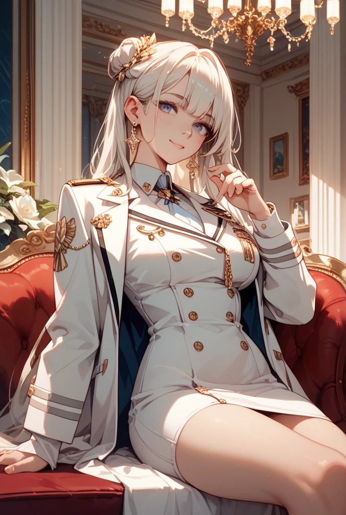 #基本
A girl is posing for a photo, ((One Girl)), (((Baby Face:1.2)) + ((cute:1.3))),
#A girl is posing for a photo, ((One Girl)), (((Baby Face)) + ((cute)) + 16 years old),
break
#Clothing Accessories
(((white:1.6)Officer uniform:1.4) : (Jacket) + (Rank badge on chest) + Epaulettes + (Decorate mood) + (Tight fitting through the waist) + (金色に輝く金属バックル付きwhiteベルト) + ((Gold border)) + ((Long Straight Pants:1.4)) + (Army Caps)), (loafers),
Gold hoop earrings,
break
#Features
((Silver Hair:1.4)), (Chest-length sideburns:1.4), (Twin tails : Standard length hair + Curly hair + Fuller Hair + Hair curled outside + Red string ribbon),
((Droopy eyes), blue eyes, (Big eyes:1.2)), (Very small breasts),
break
#background environment
(noon, (A room in a large Western-style mansion + Sunlit room)),
#Facial Expression Pose
((Wicked Smile), (A confident and condescending pose, (Sitting on a gothic sofa), (cross your legs))),
#composition
(To the camera, (Focus from the front), (Cowboy Shot)),
break
#Body parts elements
(Slim figure),
(Detailed Hair, Beautiful Hair, Shiny Hair),
(double eyelid, Long eyelashes),
(Expression of fine eyes, Beautiful and delicate eyes, Sparkling eyes, Eye Reflexes, Glitter Eyeliner),
(Human Ear),
(Beautiful Nose, Thin Nose),
(Glossy Lips, Beautiful Lips, Thick lips, Glossy Lips, Natural Cheeks),
(Detailed face, Symmetrical facial features),
(Detailed skin, Textured skin, Beautiful Skin, Glowing Skin),
break
#Quality Image Quality Common
(((Highest quality)), ((masterpiece)), ((Very detailed))), ((Ultra-high resolution)), ((16K, 1080P)), ((FHD)),
(Anatomically correct), (Realistic), (3DCG),
#Quality image illustration
((comics, anime)), CG illustration,