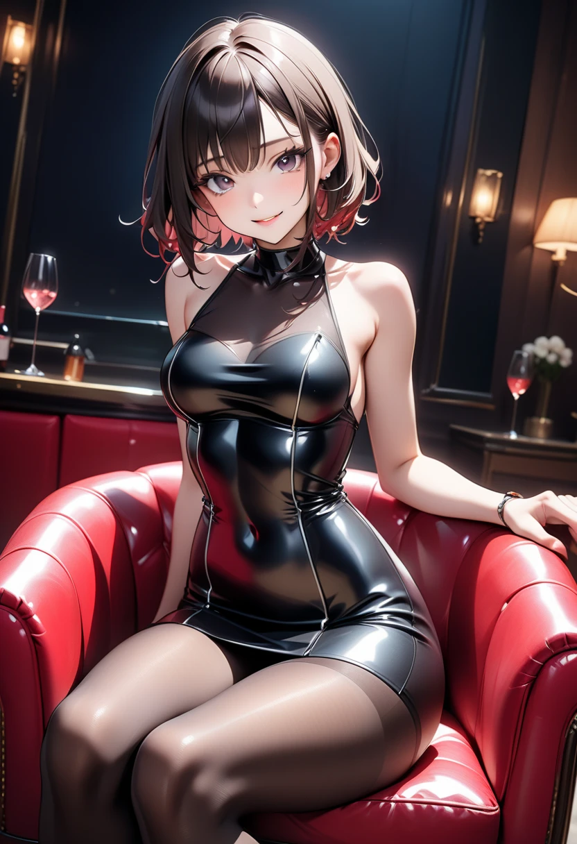 Creat thai girl short brown hair,hight 170 cm,full body,3d,realistic,wear little black dress,strapless,holdind a glass of red wine,sitting at cocktail bar,mist,candel lights only,dancing,night club background,short dress,sheer,super realistic,8k,no anime,no painting