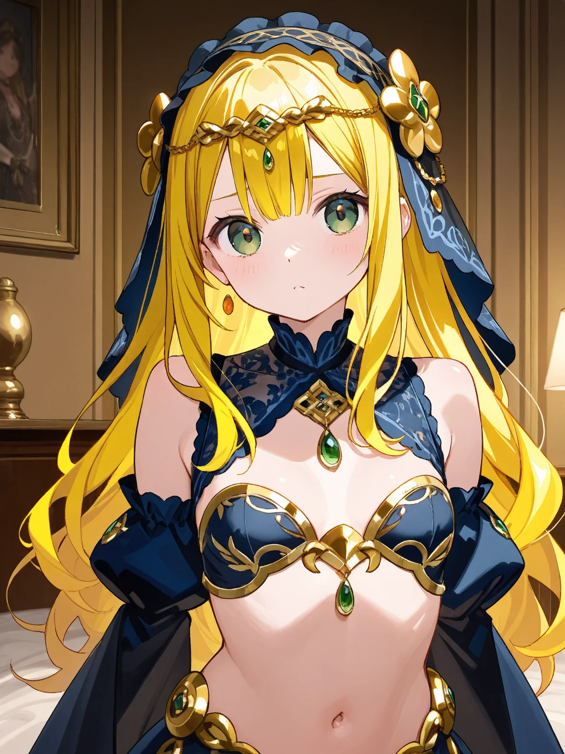 masterpiece, (best quality:1.4), detailed, sumire1, (solo), 8k, (yellow hair:1.1), (long hair:1.1), blunt bangs, (green eyes:1.2), (alluring face:1.2), tiara, face, (face portrait:1.2), (upper body:1.2), (dress:1.0), (long sleeve dress:1.2), (necklace:1.1), (jewelry:1.1), (looking at viewer:1.2), detailed eyes, detailed hair, highres, (simple background:1.3), (lights:1.2), high details, deep cleavage of huge breasts, drill hair