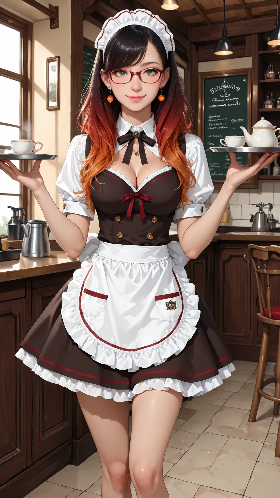 Promotional photos, The place is a coffee shop, 1 girl, 16 year old face, The waitress brought the cake to the table, Redhead with double ponytail, Gentle face, Strawberry pattern gothic lolita half-length maid costume, White-based clothes,Big Breasts,milf