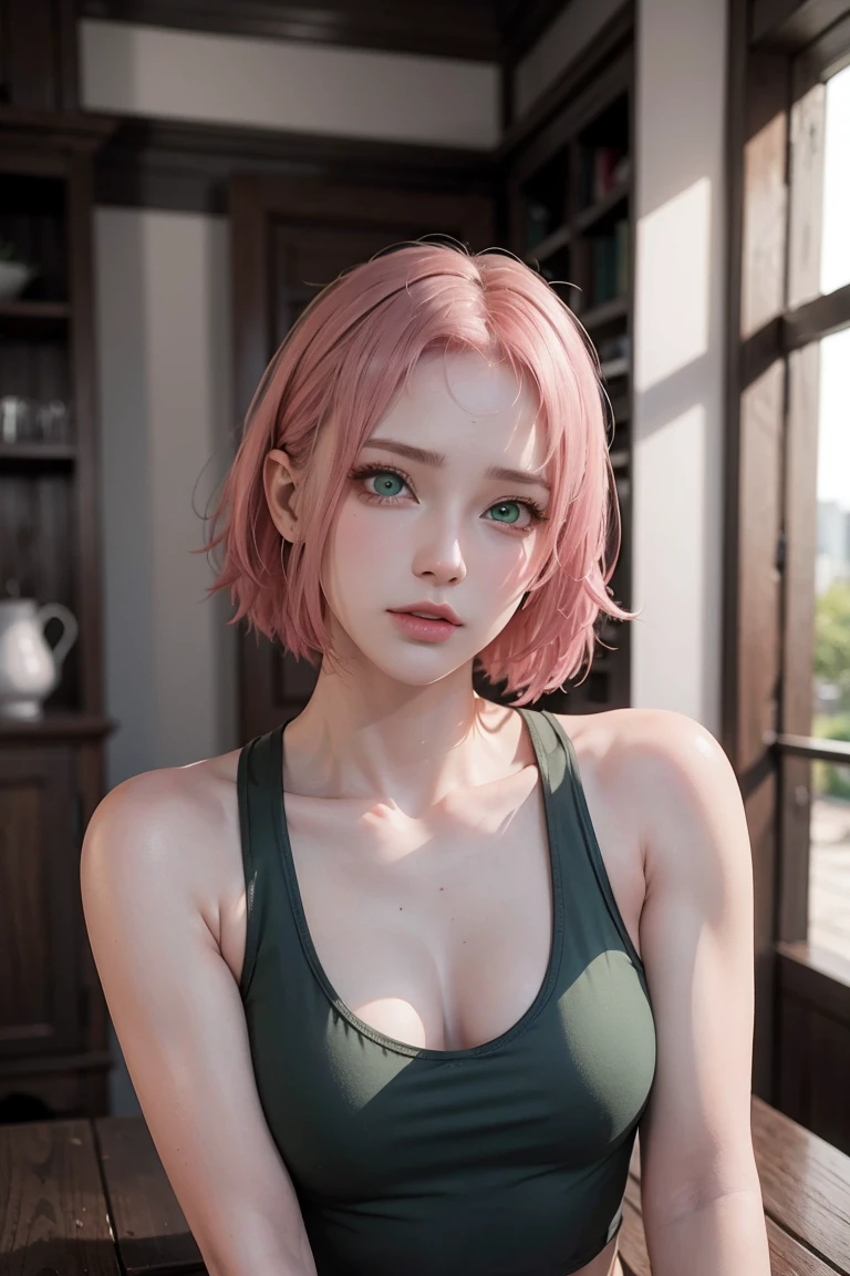 young woman, short shoulder-length pink hair, wide forehead, porcelain skin, pink eyebrows, big emerald green eyes, buttoned nose, full lips, heart-shaped face, slender body, small breasts, red tank top, Sakura Haruno , realistic, realism, details, 3d, well detailed
