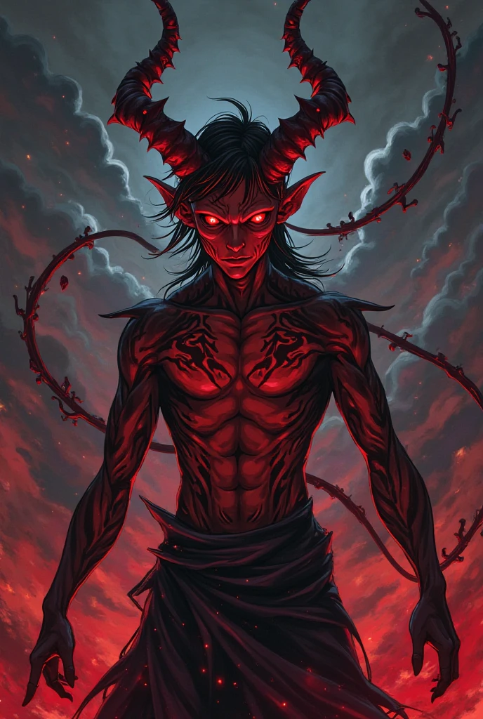 Realistic Digital Painting with Concept Art Elements"," digital painting," "concept art," "realistic," "high detail", "muscular",, "high-res", "ominous aura,", "8k resolution", "oil painting", "darker tone" , "little saturation" ,"dark feeling", "concept art" , "detailed features" , "detailed eyes" "1man" , "demon" , "large horns" , "Fangs" , "long hair", "short stubble on chin", "long nails" , "Asmodeus" , "full body" , "covered in blood" , "smiling" , "amazing background" , "laying in bed" "dark castle background" , "head resting on hand" , "large and imposing" , "scruffy beard" , "naked" ., "full body" , "looking up at viewer" , "very sexy" ,