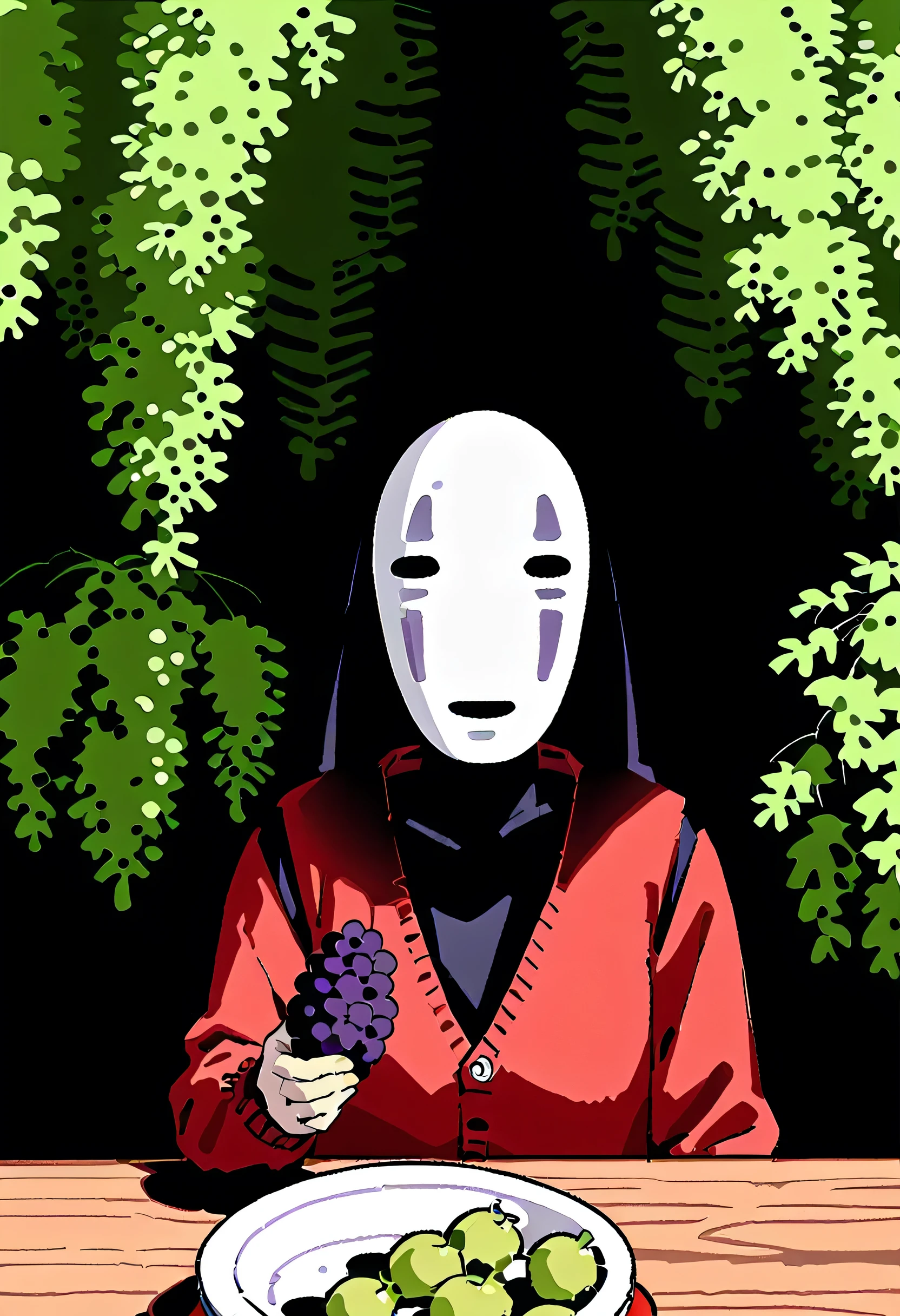 (xnofacex mask girl),solo,upperbody,portrait,((blonde twintail hair style)),red cardigan,Working in the orchard, harvesting grapes,Harvesting grapes with both hands++,soft lineart,flat color background,memorial shot,nostalgic scene,from above,